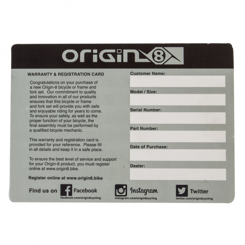 ORIGIN 8 BICYCLE REGISTRATION CARD V.4.2014