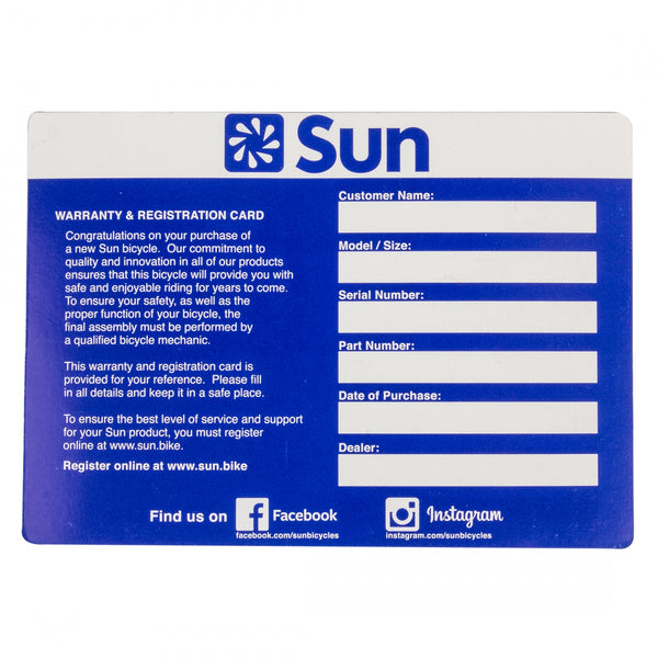 SUN BICYCLE REGISTRATION CARD V.4.2014