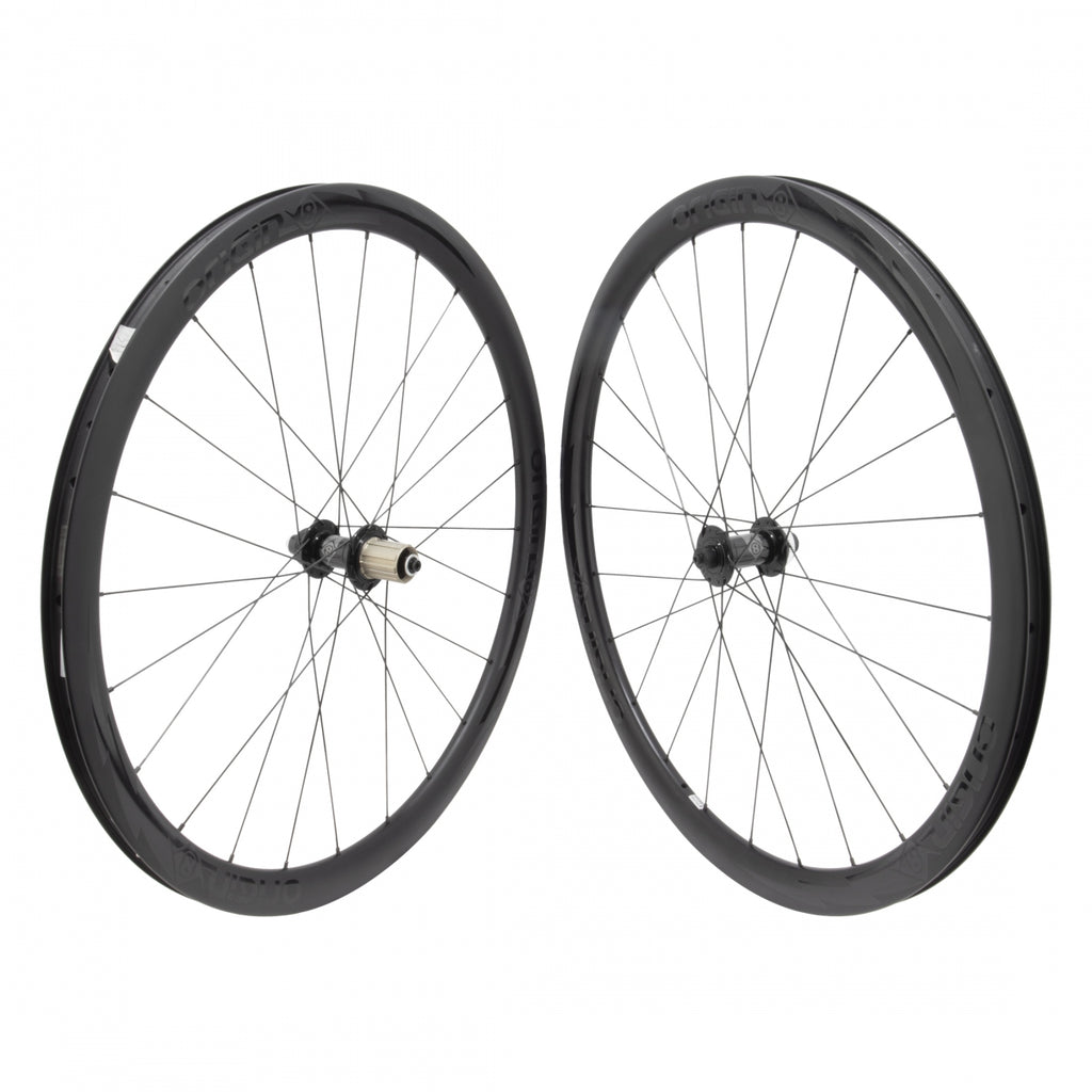PAIR 700 622x19 ORIGIN 8 BOLT CARBON 38mm TBLS DISC BLACK 24 ORIGIN 8 RD1110 ELITE 8-11sCAS CL QR SEAL BLACK 135mm SAPIM RACE 2.0/1.8 BLACK (NO SKEWER)