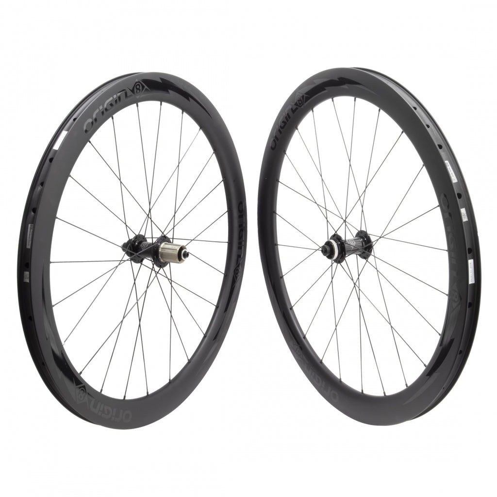 PAIR 700 622x21 ORIGIN 8 BOLT CARBON 50mm TBLS DISC BLACK 24 ORIGIN 8 RD1110 ELITE 8-11sCAS CL QR SEAL BLACK 135mm SAPIM RACE 2.0/1.8 BLACK (NO SKEWER)